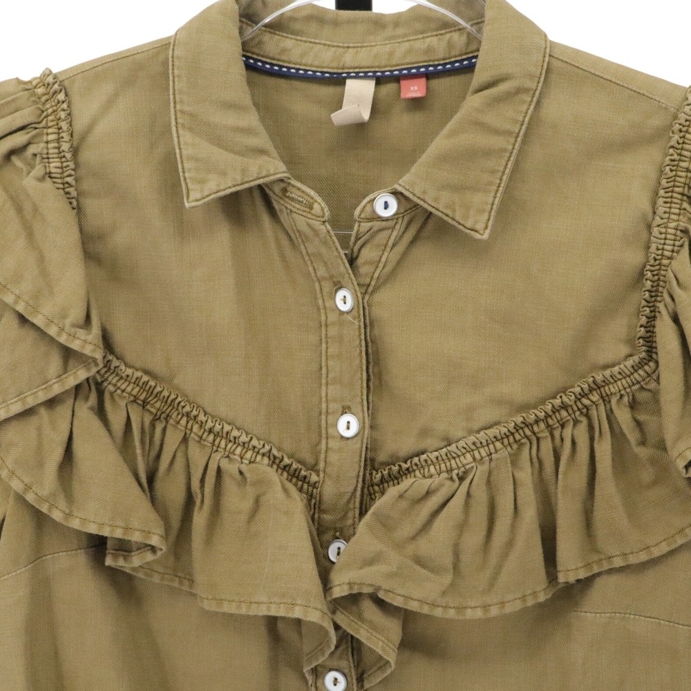 Pilcro Anthropologie Olive Green Ruffle Western Button Down Cotton Shirt XS - Picture 4 of 8